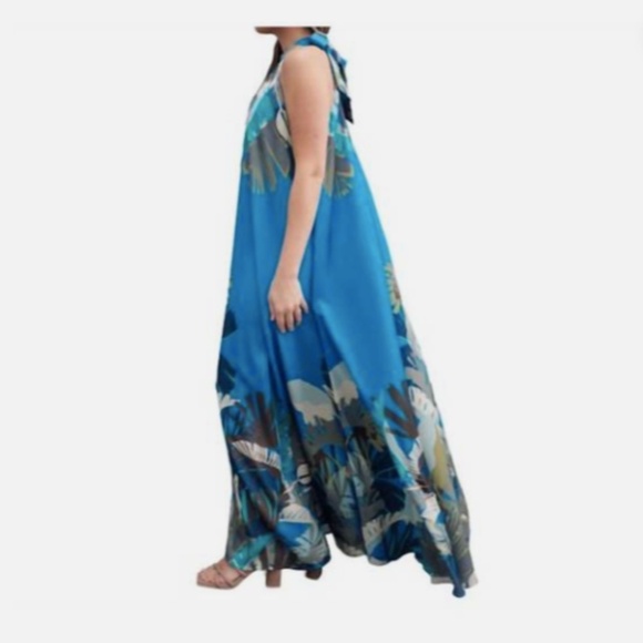 Ranna Gill Isla Blue Brown Halter A-Line Maxi Flowy Caftan Resort Dress Nwt XL - Picture 2 of 8